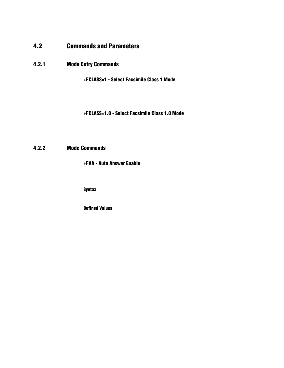 2 commands and parameters, 1 mode entry commands, Fclass=1 - select facsimile class 1 mode | Fclass=1.0 - select facsimile class 1.0 mode, 2 mode commands, Faa - auto answer enable, Syntax, Defined values | Longshine LCS-8156C1 User Manual | Page 148 / 194