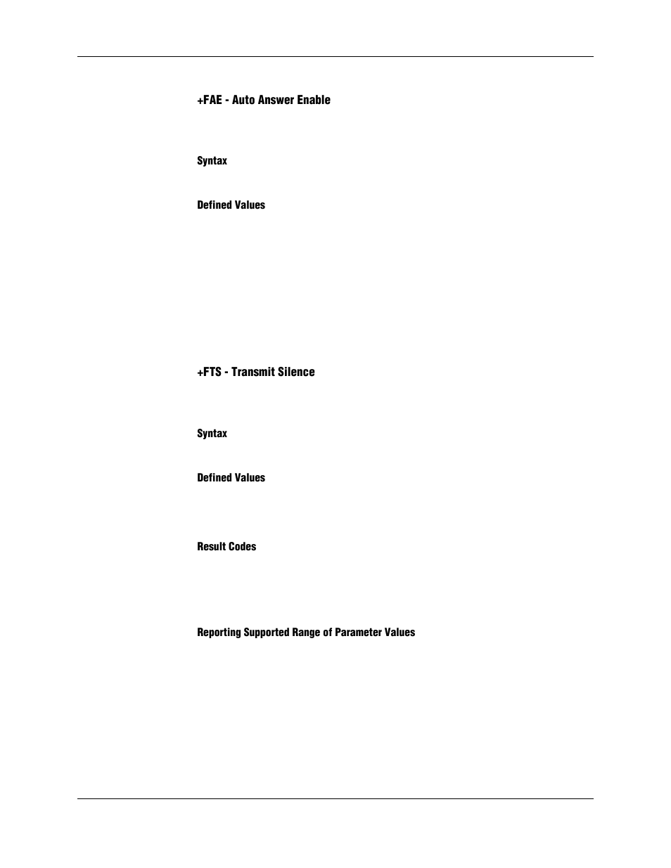 Fae - auto answer enable, Syntax, Defined values | Fts - transmit silence, Result codes, Reporting supported range of parameter values | Longshine LCS-8156C1 User Manual | Page 149 / 194