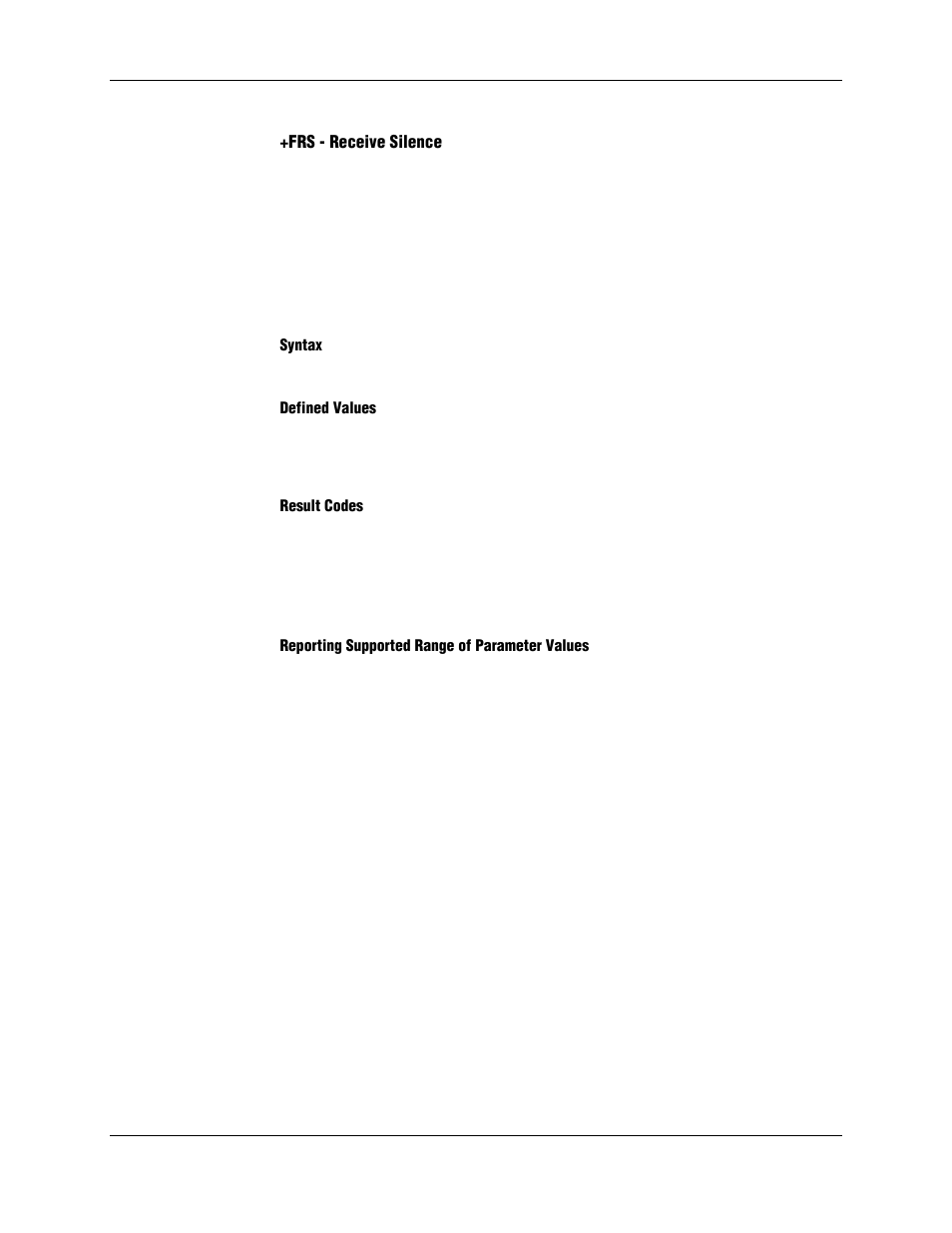 Frs - receive silence, Syntax, Defined values | Result codes, Reporting supported range of parameter values | Longshine LCS-8156C1 User Manual | Page 150 / 194