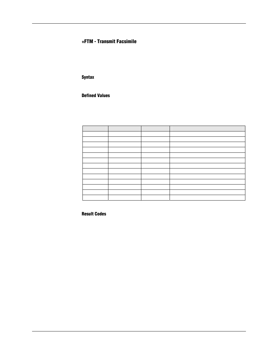 Ftm - transmit facsimile, Syntax, Defined values | Result codes, Conexant | Longshine LCS-8156C1 User Manual | Page 151 / 194