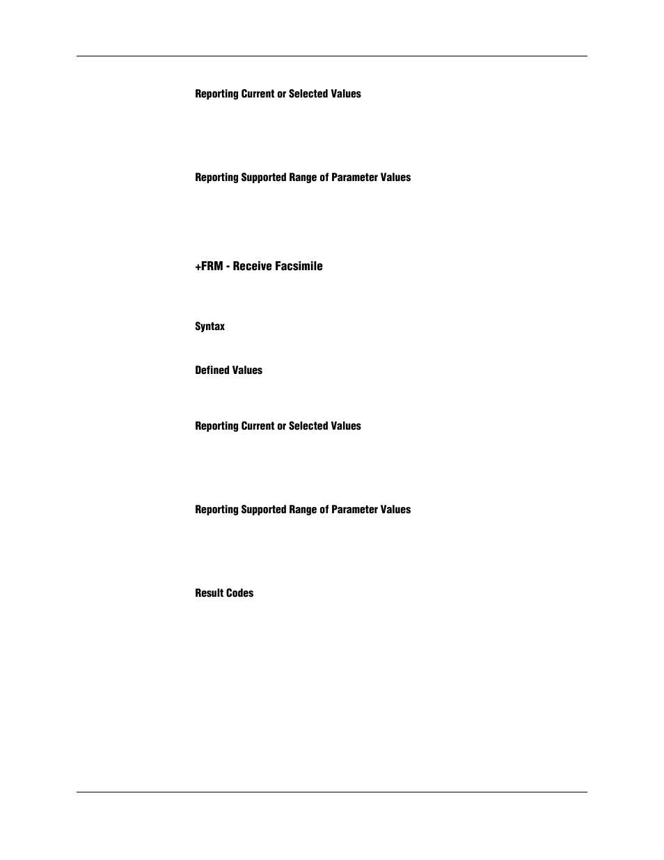 Reporting current or selected values, Reporting supported range of parameter values, Frm - receive facsimile | Syntax, Defined values, Result codes | Longshine LCS-8156C1 User Manual | Page 152 / 194