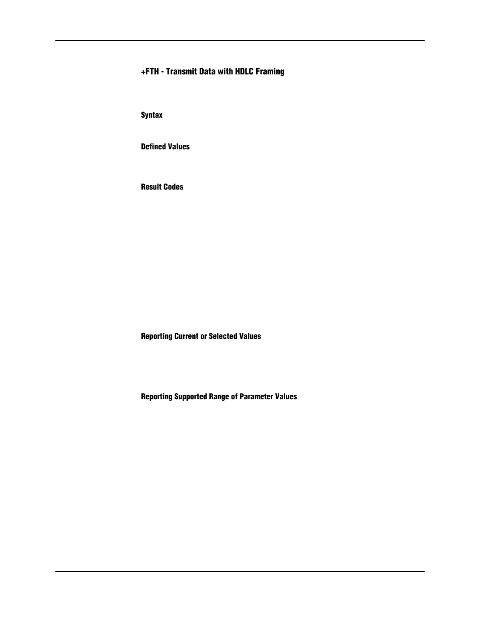 Fth - transmit data with hdlc framing, Syntax, Defined values | Result codes, Reporting current or selected values, Reporting supported range of parameter values | Longshine LCS-8156C1 User Manual | Page 153 / 194