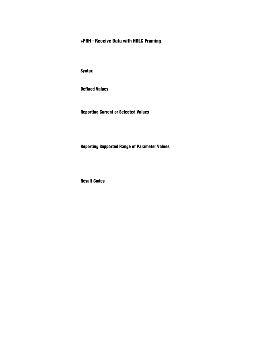 Frh - receive data with hdlc framing, Syntax, Defined values | Reporting current or selected values, Reporting supported range of parameter values, Result codes | Longshine LCS-8156C1 User Manual | Page 154 / 194