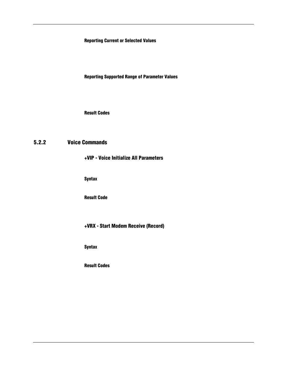 Reporting current or selected values, Reporting supported range of parameter values, Result codes | 2 voice commands, Vip - voice initialize all parameters, Syntax, Result code, Vrx - start modem receive (record) | Longshine LCS-8156C1 User Manual | Page 169 / 194