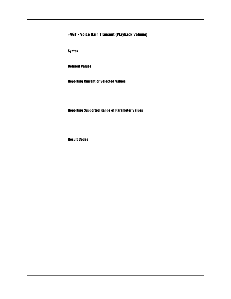 Vgt - voice gain transmit (playback volume), Syntax, Defined values | Reporting current or selected values, Reporting supported range of parameter values, Result codes | Longshine LCS-8156C1 User Manual | Page 174 / 194