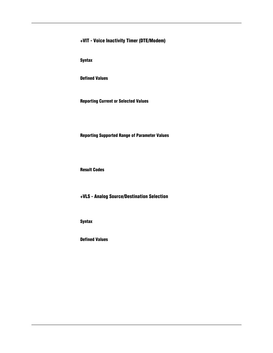 Vit - voice inactivity timer (dte/modem), Syntax, Defined values | Reporting current or selected values, Reporting supported range of parameter values, Result codes, Vls - analog source/destination selection | Longshine LCS-8156C1 User Manual | Page 175 / 194