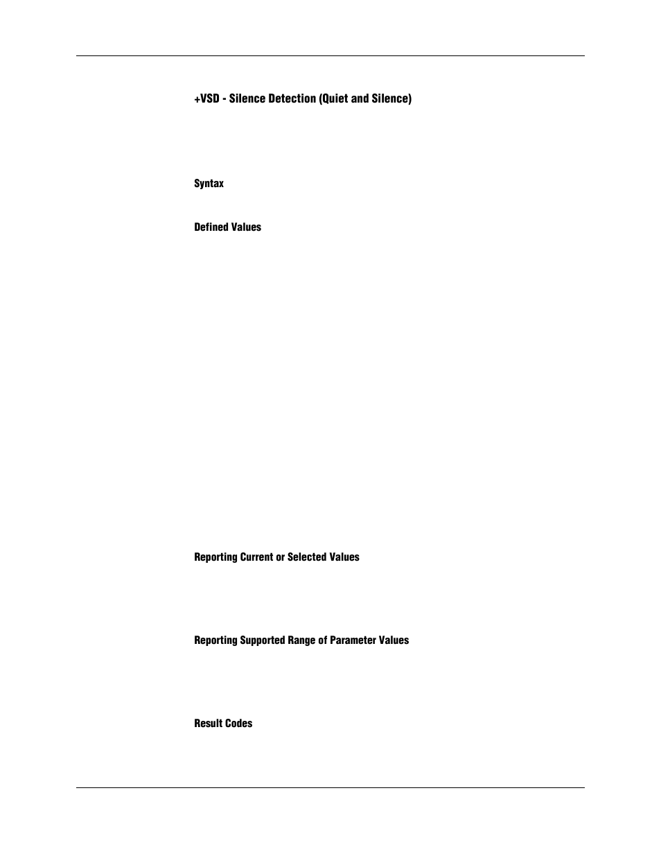 Vsd - silence detection (quiet and silence), Syntax, Defined values | Reporting current or selected values, Reporting supported range of parameter values, Result codes | Longshine LCS-8156C1 User Manual | Page 181 / 194