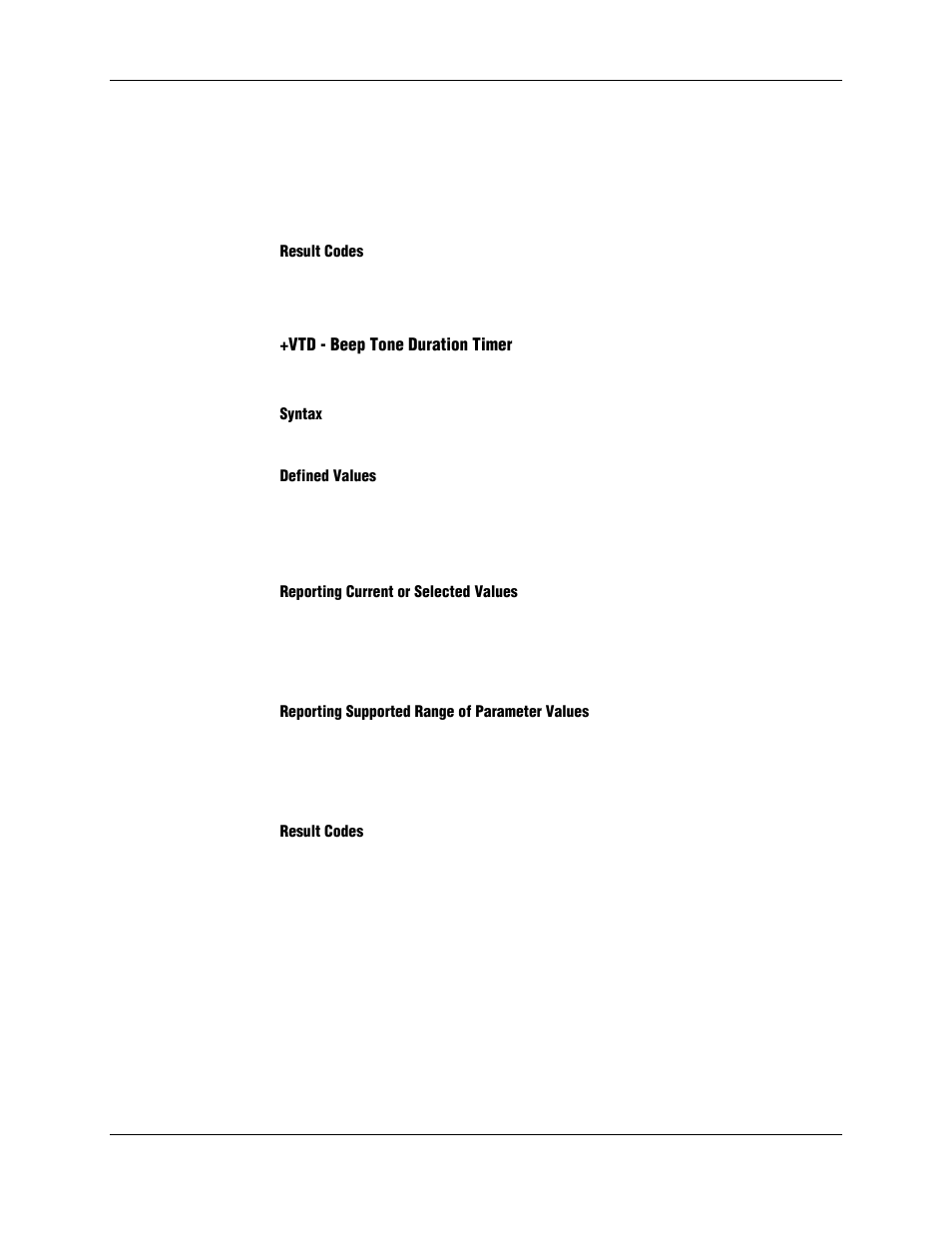 Result codes, Vtd - beep tone duration timer, Syntax | Defined values, Reporting current or selected values, Reporting supported range of parameter values | Longshine LCS-8156C1 User Manual | Page 183 / 194