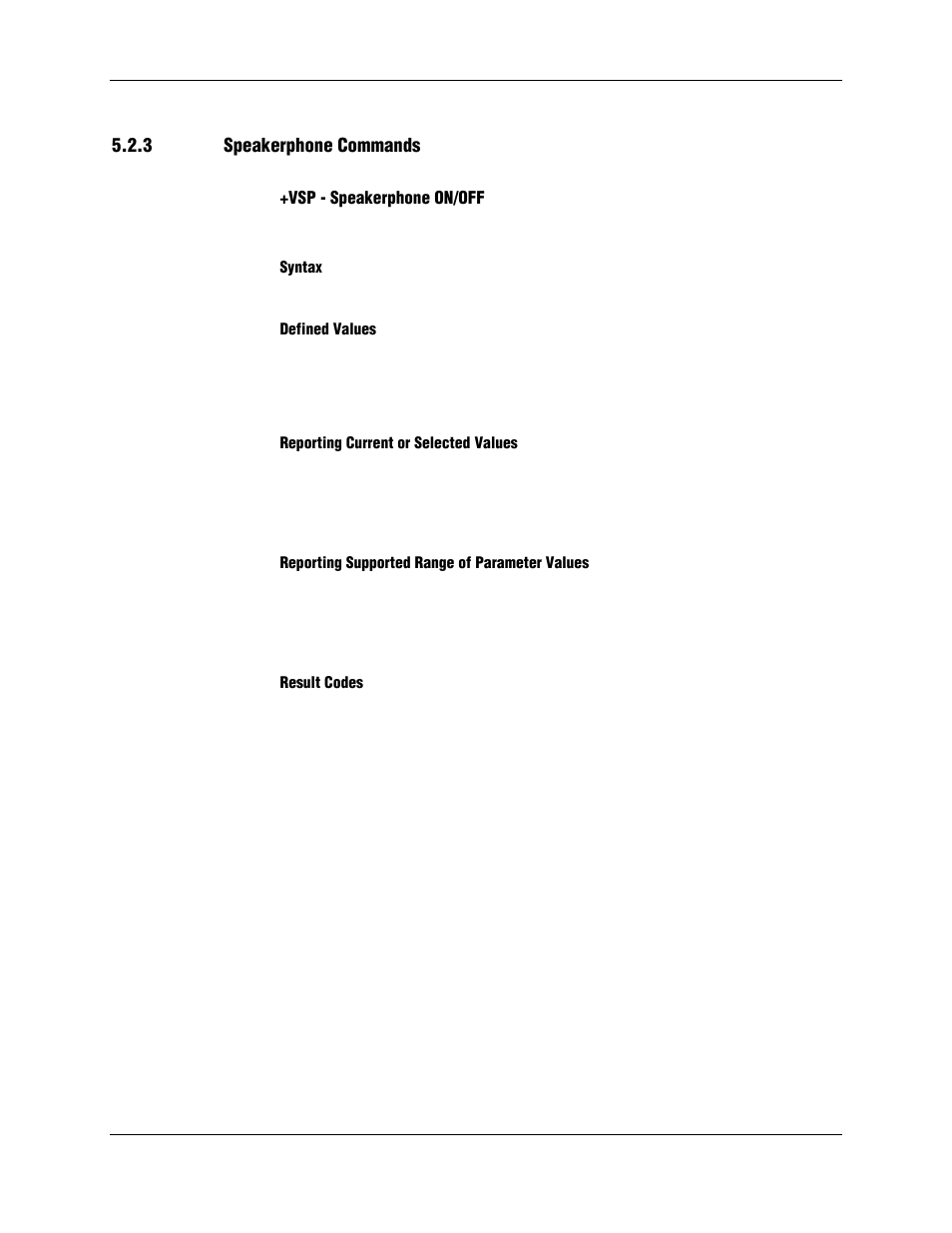 3 speakerphone commands, Vsp - speakerphone on/off, Syntax | Defined values, Reporting current or selected values, Reporting supported range of parameter values, Result codes | Longshine LCS-8156C1 User Manual | Page 187 / 194