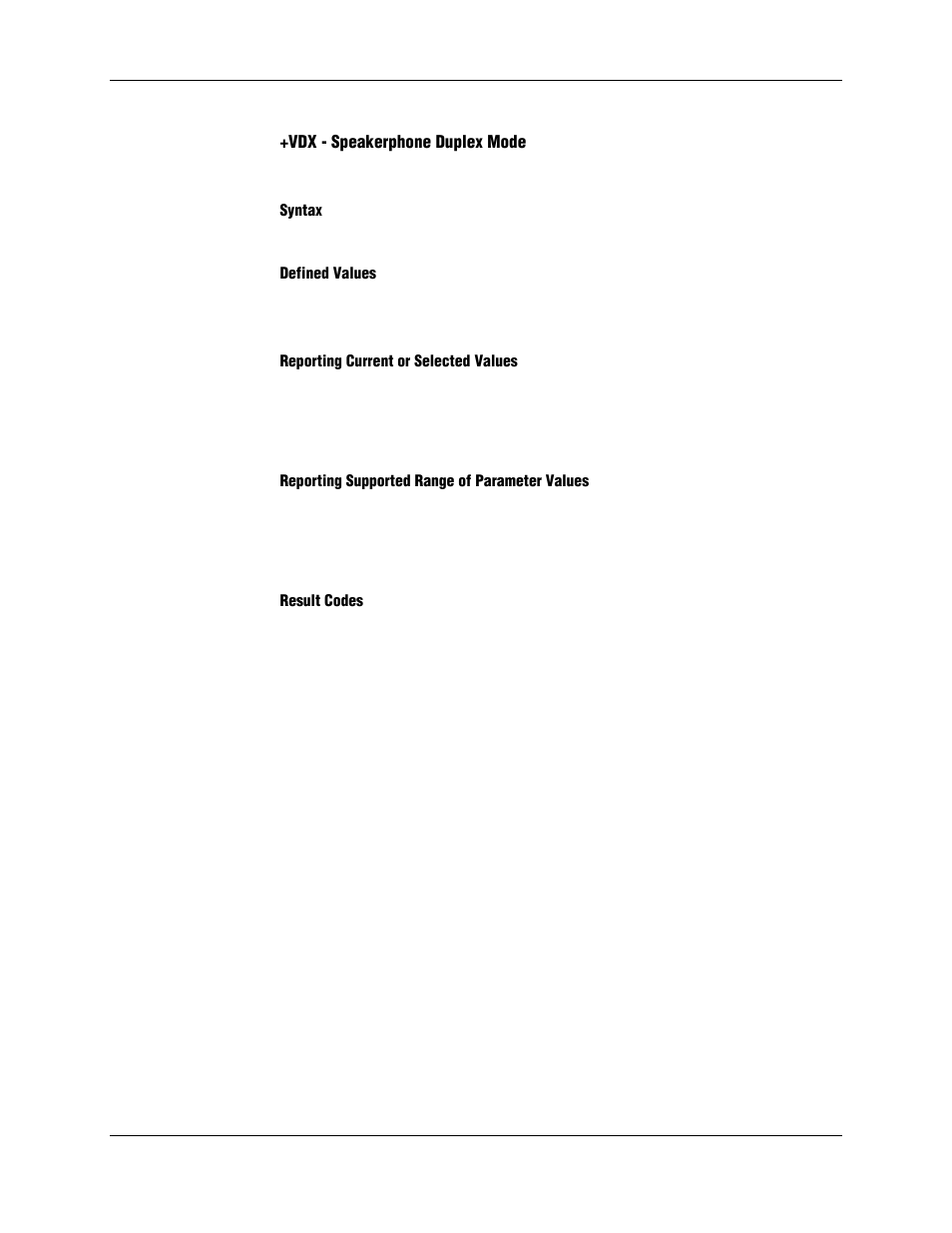 Vdx - speakerphone duplex mode, Syntax, Defined values | Reporting current or selected values, Reporting supported range of parameter values, Result codes | Longshine LCS-8156C1 User Manual | Page 188 / 194