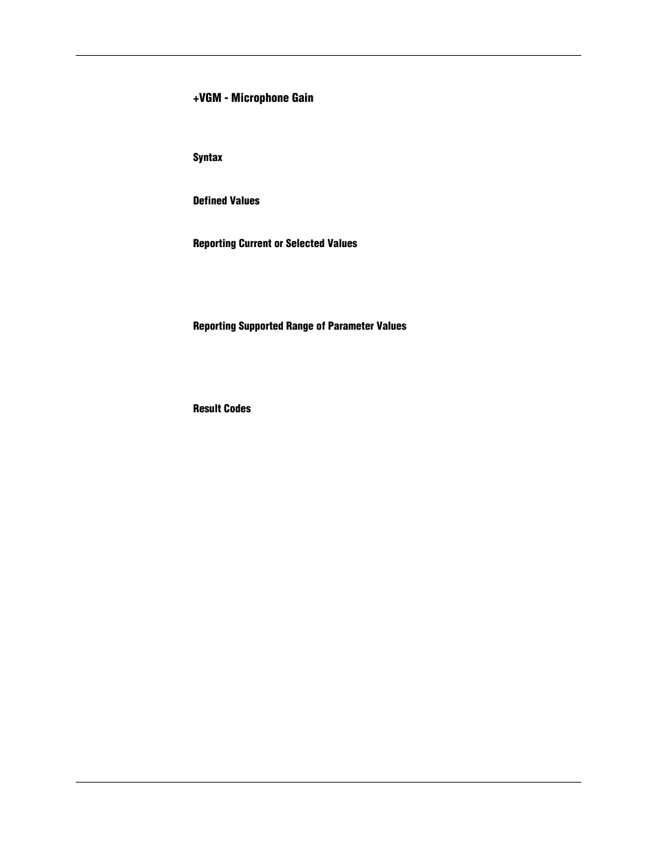 Vgm - microphone gain, Syntax, Defined values | Reporting current or selected values, Reporting supported range of parameter values, Result codes | Longshine LCS-8156C1 User Manual | Page 189 / 194