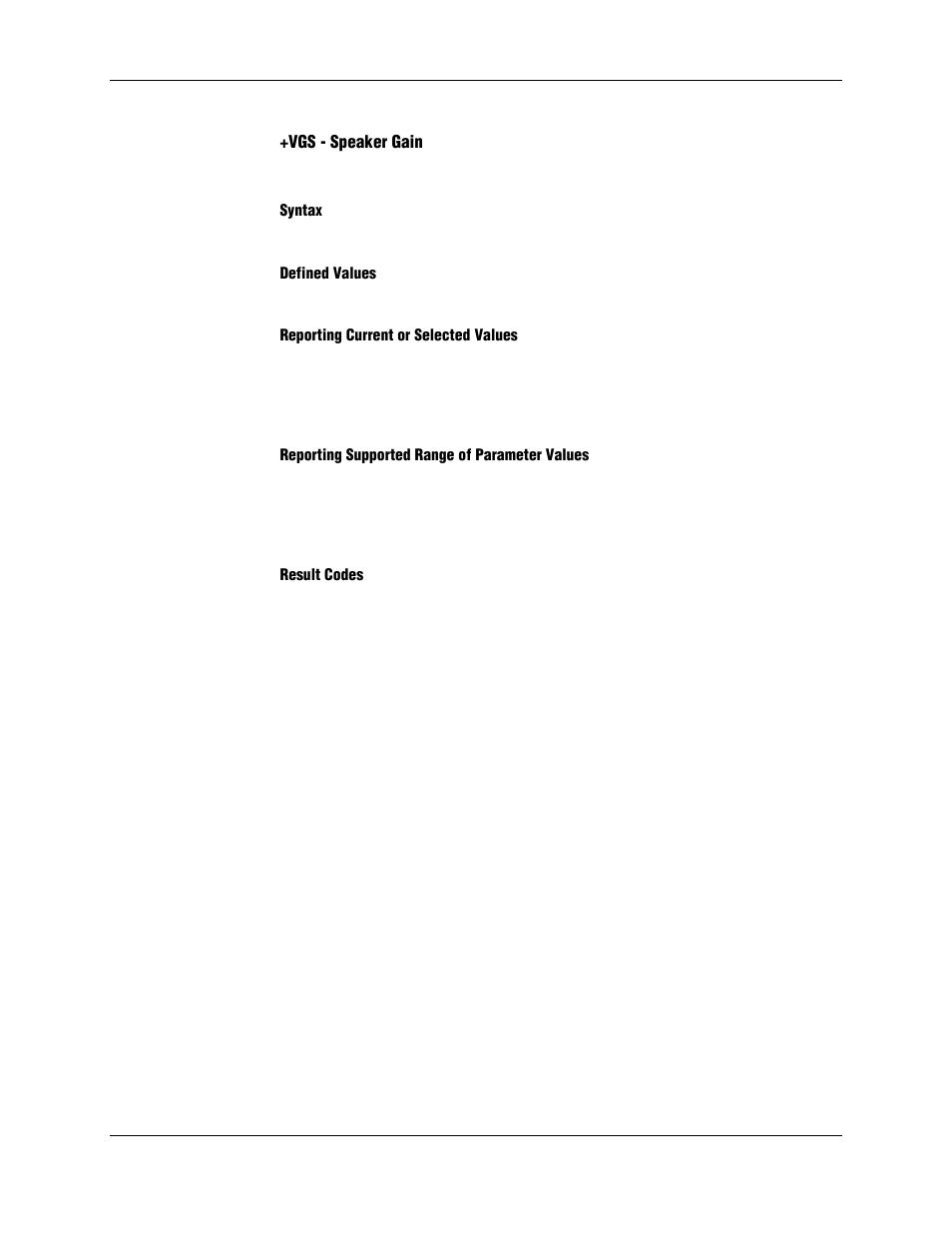 Vgs - speaker gain, Syntax, Defined values | Reporting current or selected values, Reporting supported range of parameter values, Result codes | Longshine LCS-8156C1 User Manual | Page 190 / 194