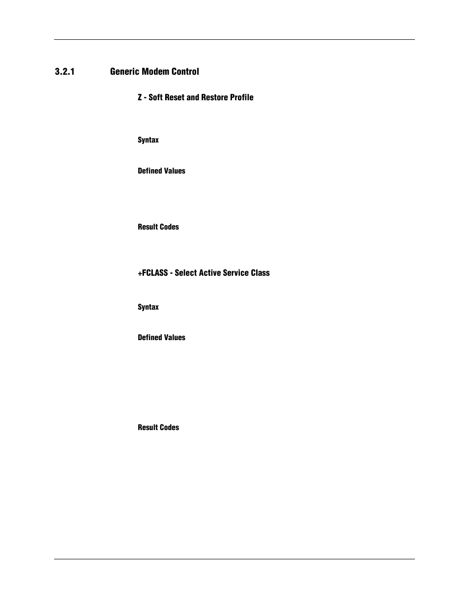 1 generic modem control, Z - soft reset and restore profile, Syntax | Defined values, Result codes, Fclass - select active service class | Longshine LCS-8156C1 User Manual | Page 26 / 194