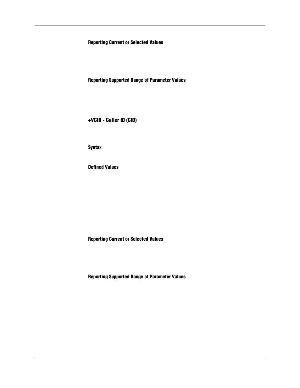 Reporting current or selected values, Reporting supported range of parameter values, Vcid - caller id (cid) | Syntax, Defined values | Longshine LCS-8156C1 User Manual | Page 27 / 194