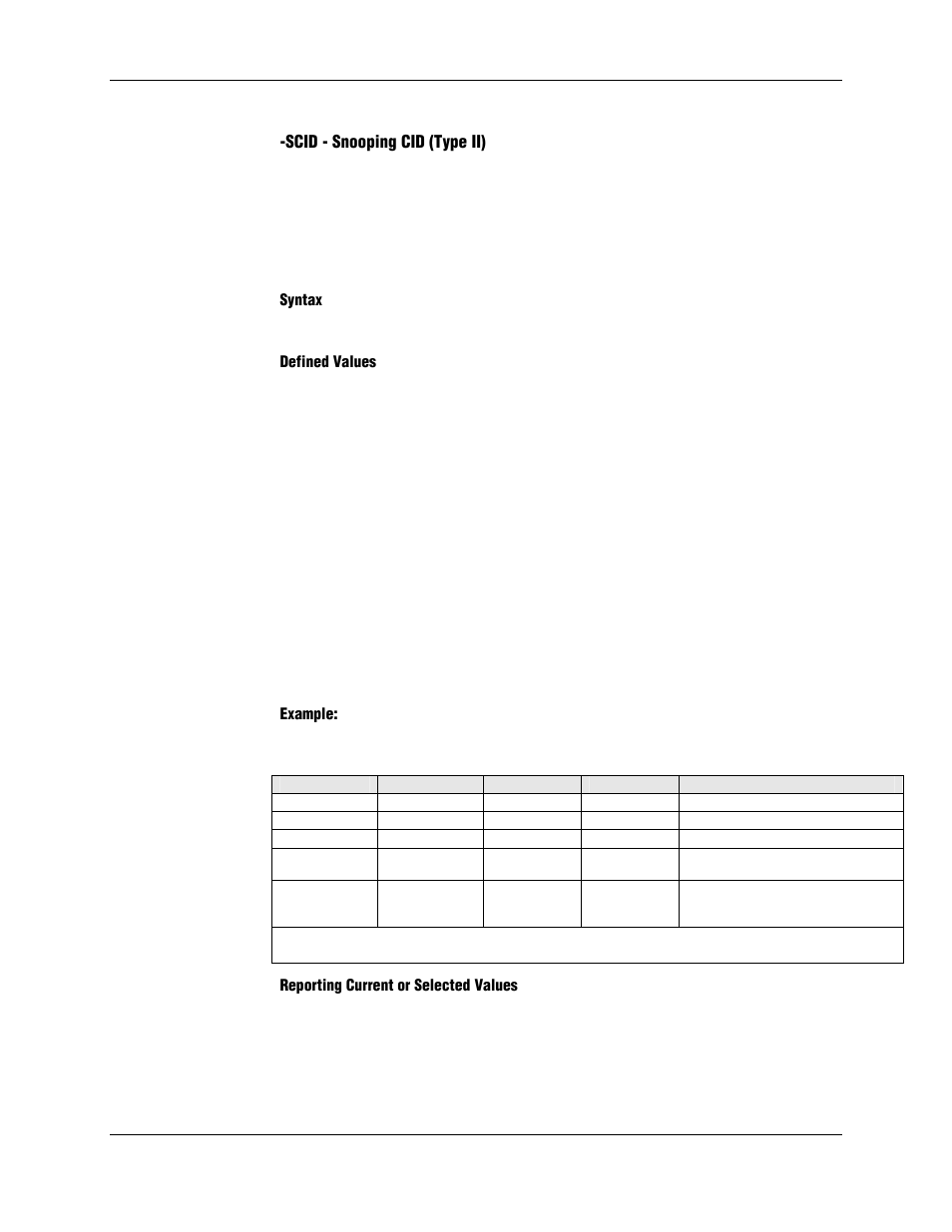 Scid - snooping cid (type ii), Syntax, Defined values | Example, Reporting current or selected values, Conexant | Longshine LCS-8156C1 User Manual | Page 28 / 194