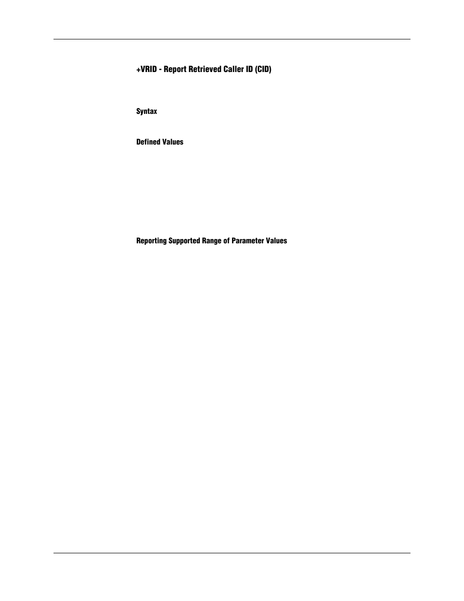 Vrid - report retrieved caller id (cid), Syntax, Defined values | Reporting supported range of parameter values | Longshine LCS-8156C1 User Manual | Page 29 / 194