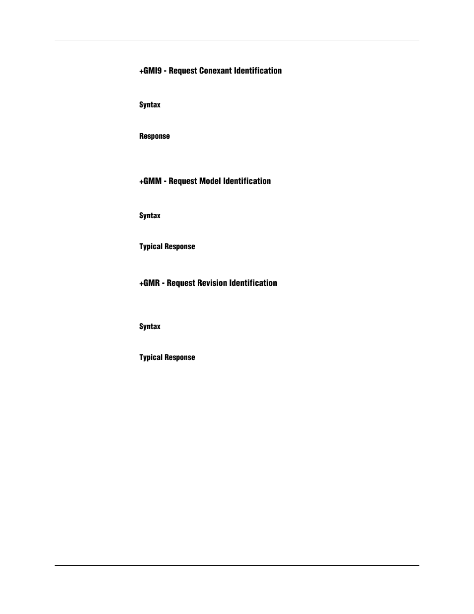 Gmi9 - request conexant identification, Syntax, Response | Gmm - request model identification, Typical response, Gmr - request revision identification | Longshine LCS-8156C1 User Manual | Page 32 / 194