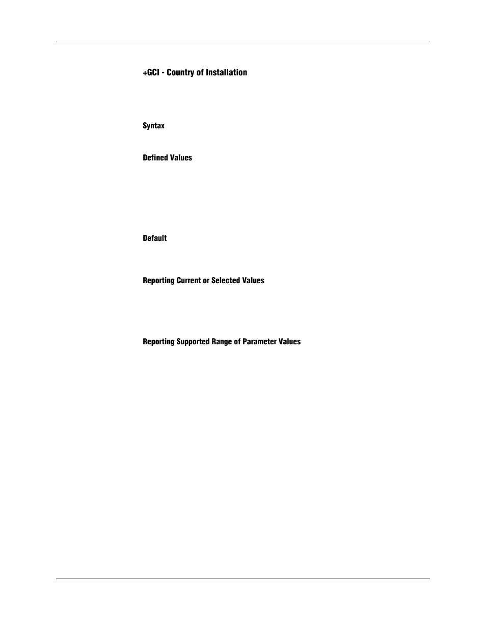 Gci - country of installation, Syntax, Defined values | Default, Reporting current or selected values, Reporting supported range of parameter values | Longshine LCS-8156C1 User Manual | Page 33 / 194