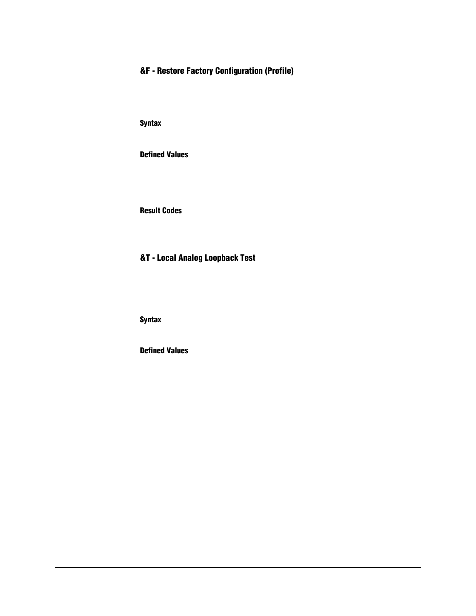 F - restore factory configuration (profile), Syntax, Defined values | Result codes, T - local analog loopback test | Longshine LCS-8156C1 User Manual | Page 34 / 194