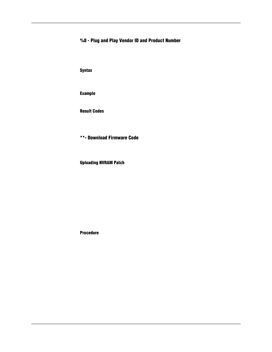 8 - plug and play vendor id and product number, Syntax, Example | Result codes, Download firmware code, Uploading nvram patch, Procedure | Longshine LCS-8156C1 User Manual | Page 37 / 194