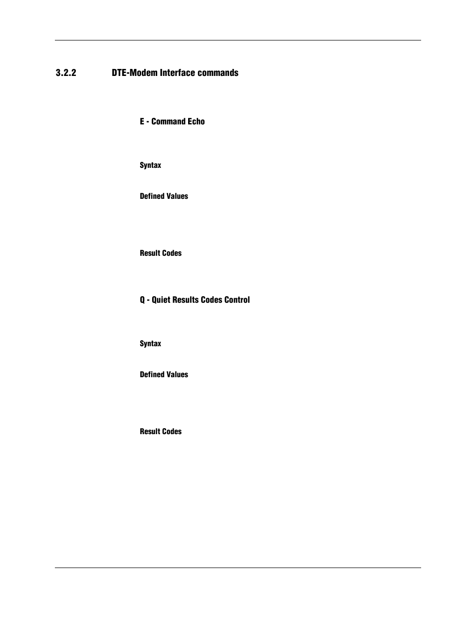 2 dte-modem interface commands, E - command echo, Syntax | Defined values, Result codes, Q - quiet results codes control | Longshine LCS-8156C1 User Manual | Page 39 / 194