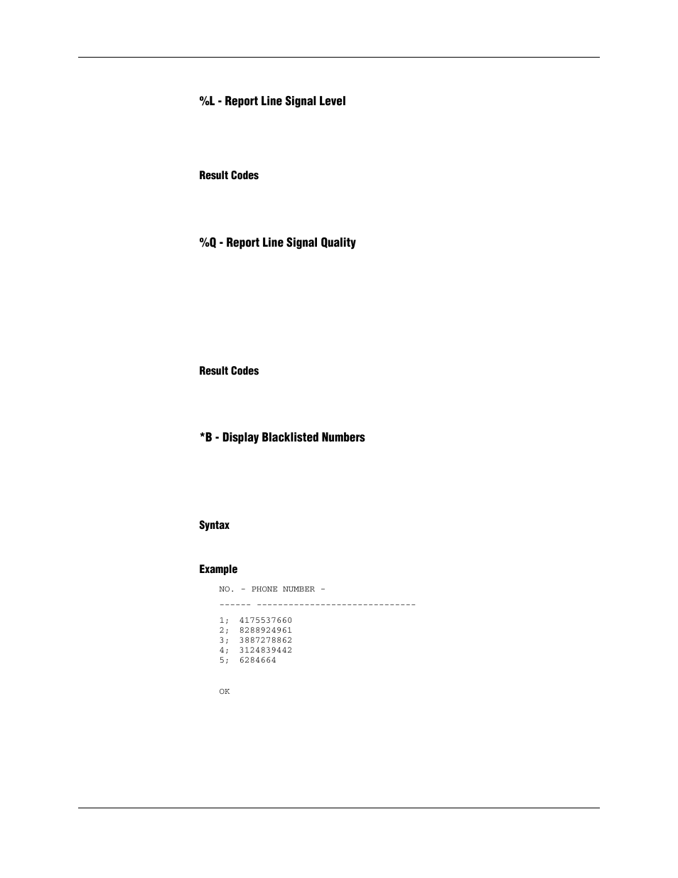 L - report line signal level, Result codes, Q - report line signal quality | B - display blacklisted numbers, Syntax, Example | Longshine LCS-8156C1 User Manual | Page 67 / 194