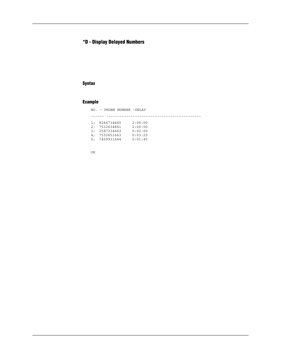 D - display delayed numbers, Syntax, Example | Conexant | Longshine LCS-8156C1 User Manual | Page 68 / 194