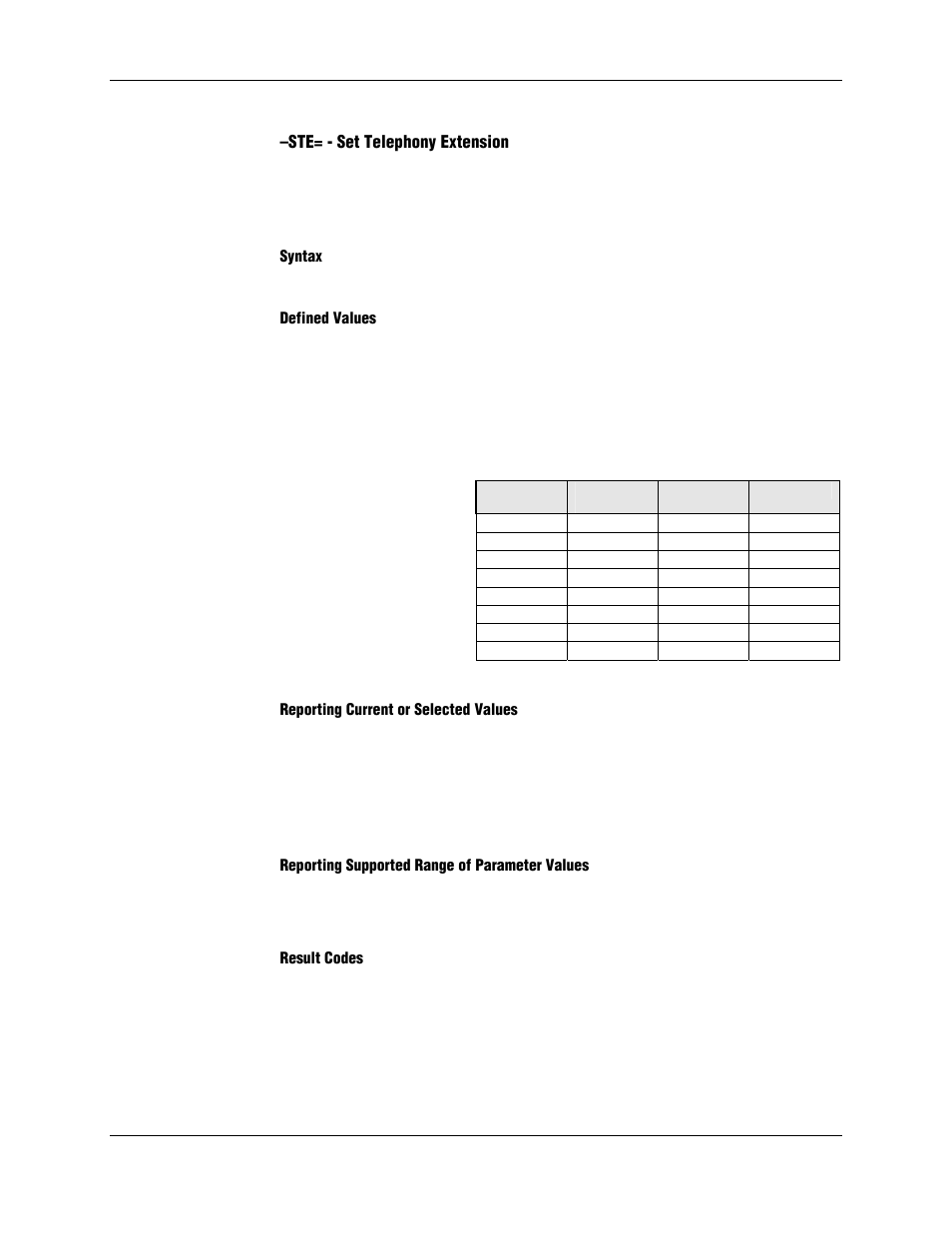 Ste= - set telephony extension, Syntax, Defined values | Reporting current or selected values, Reporting supported range of parameter values, Result codes | Longshine LCS-8156C1 User Manual | Page 70 / 194