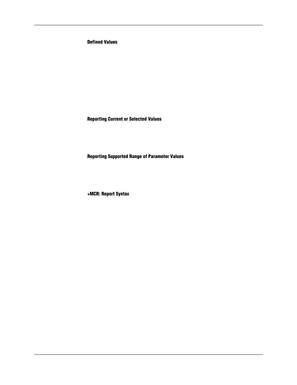 Defined values, Reporting current or selected values, Reporting supported range of parameter values | Mcr: report syntax | Longshine LCS-8156C1 User Manual | Page 80 / 194