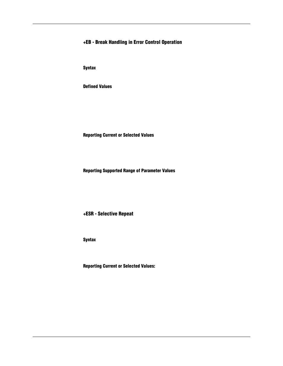 Eb - break handling in error control operation, Syntax, Defined values | Reporting current or selected values, Reporting supported range of parameter values, Esr - selective repeat | Longshine LCS-8156C1 User Manual | Page 85 / 194