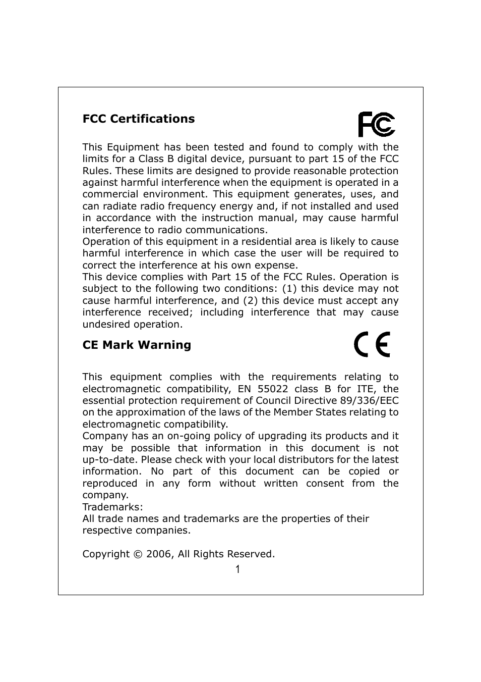 Fcc certifications, Ce mark warning | Longshine LCS-8337TXR User Manual | Page 2 / 11