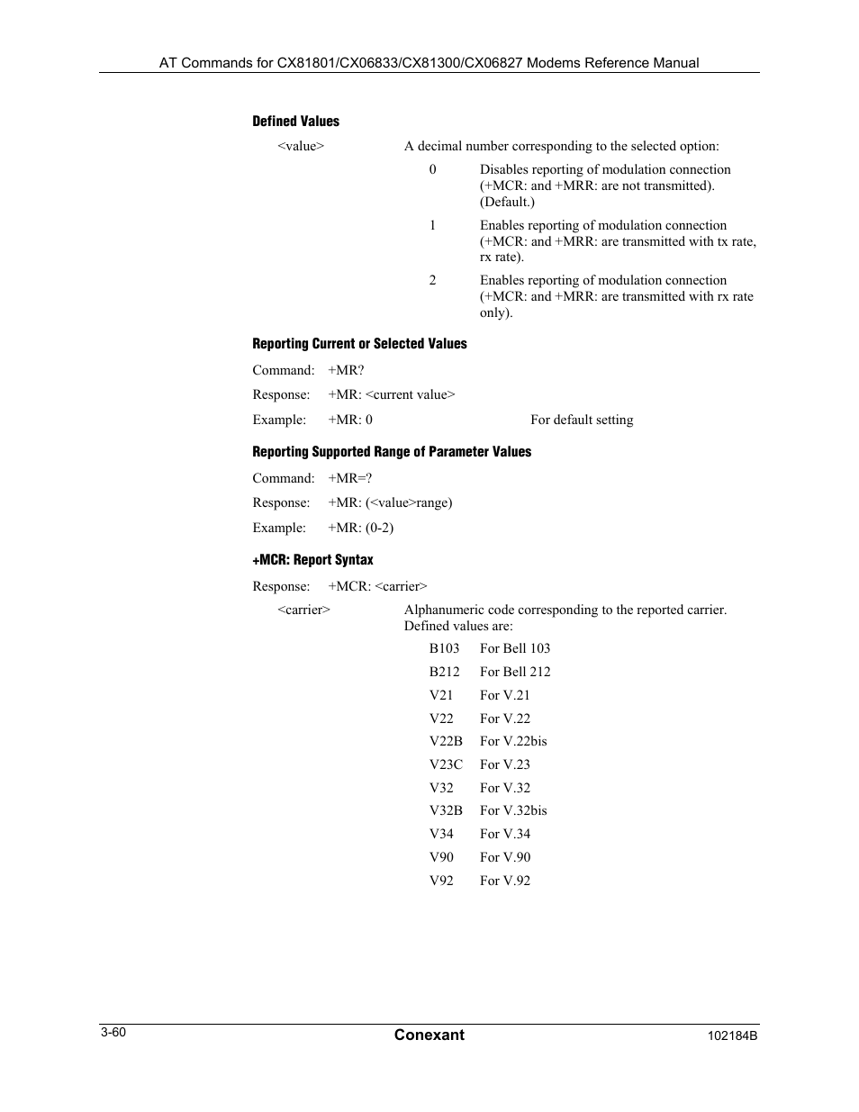 Defined values, Reporting current or selected values, Reporting supported range of parameter values | Mcr: report syntax | Longshine LCS-8560C1 User Manual | Page 100 / 220