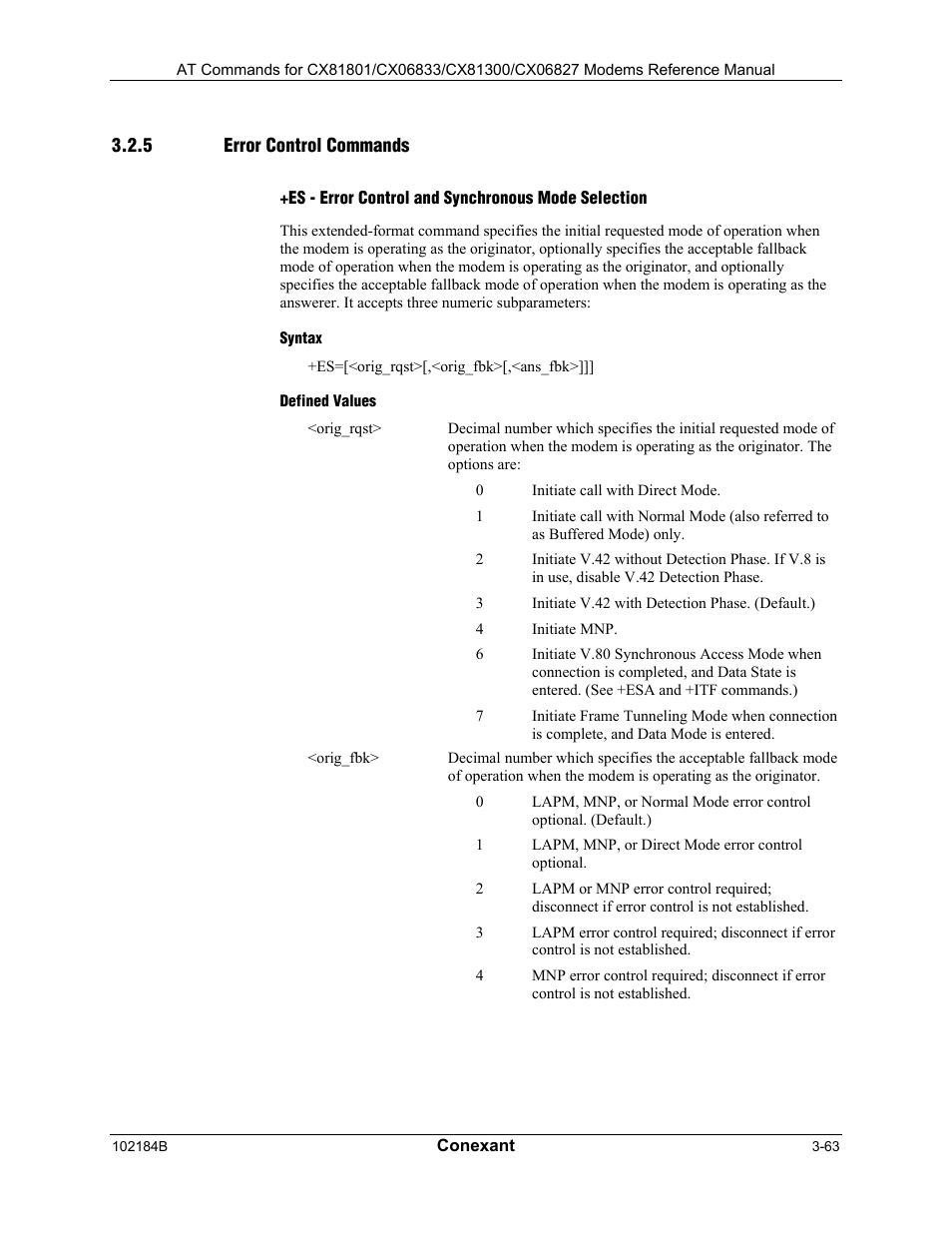 Error control commands, Es - error control and synchronous mode selection, Syntax | Defined values | Longshine LCS-8560C1 User Manual | Page 103 / 220
