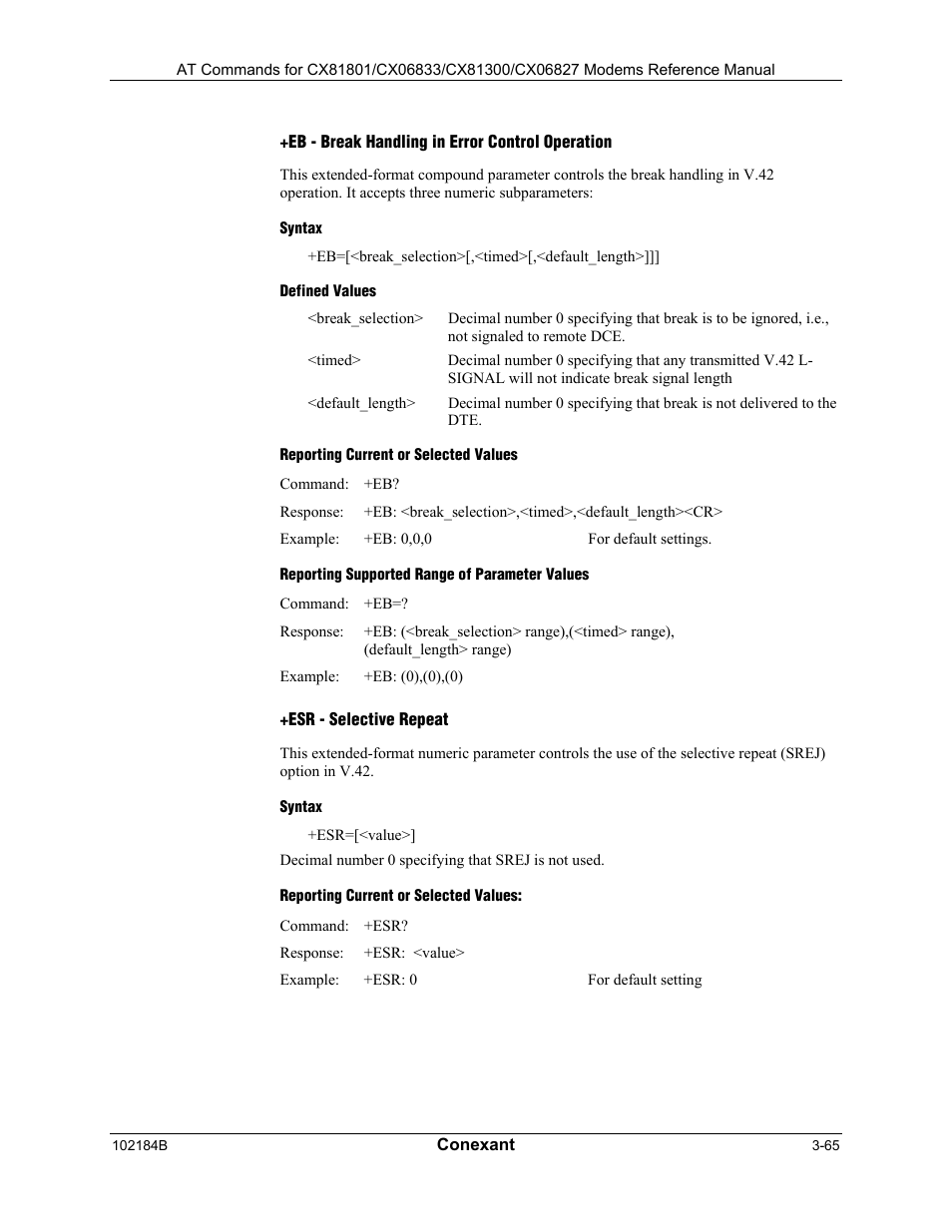 Eb - break handling in error control operation, Syntax, Defined values | Reporting current or selected values, Reporting supported range of parameter values, Esr - selective repeat | Longshine LCS-8560C1 User Manual | Page 105 / 220