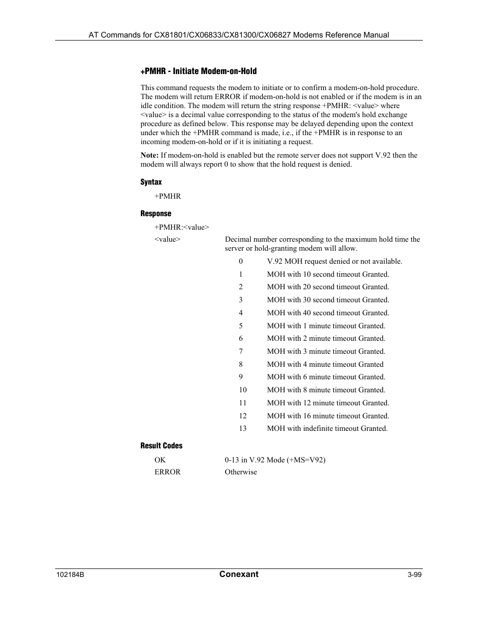 Pmhr - initiate modem-on-hold, Syntax, Response | Result codes | Longshine LCS-8560C1 User Manual | Page 139 / 220