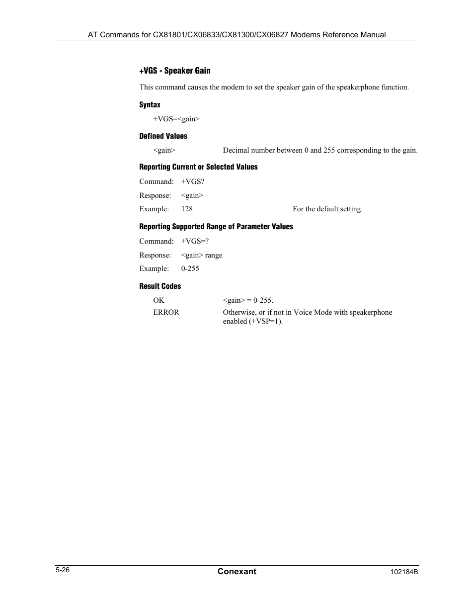 Vdx - speakerphone duplex mode, Syntax, Defined values | Reporting current or selected values, Reporting supported range of parameter values, Result codes | Longshine LCS-8560C1 User Manual | Page 216 / 220