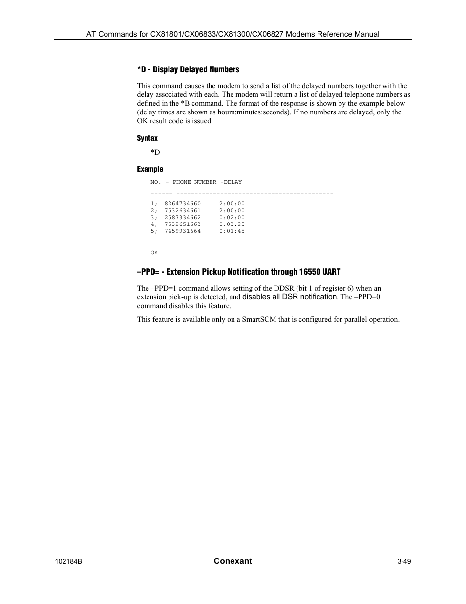 D - display delayed numbers, Syntax, Example | Ppd= - extension pickup notification through 165, Conexant | Longshine LCS-8560C1 User Manual | Page 89 / 220