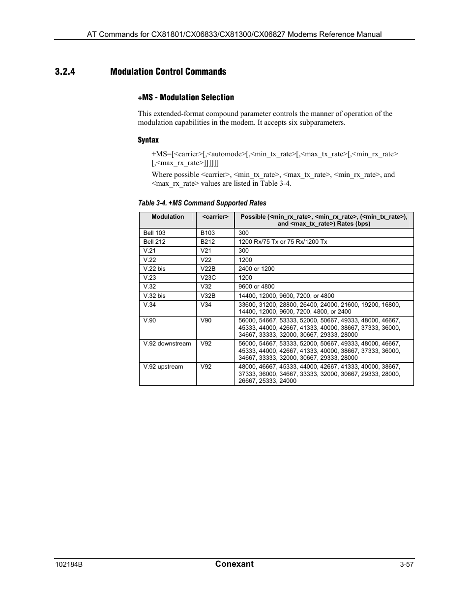 Modulation control commands, Ms - modulation selection, Syntax | 4 modulation control commands, Conexant | Longshine LCS-8560C1 User Manual | Page 97 / 220