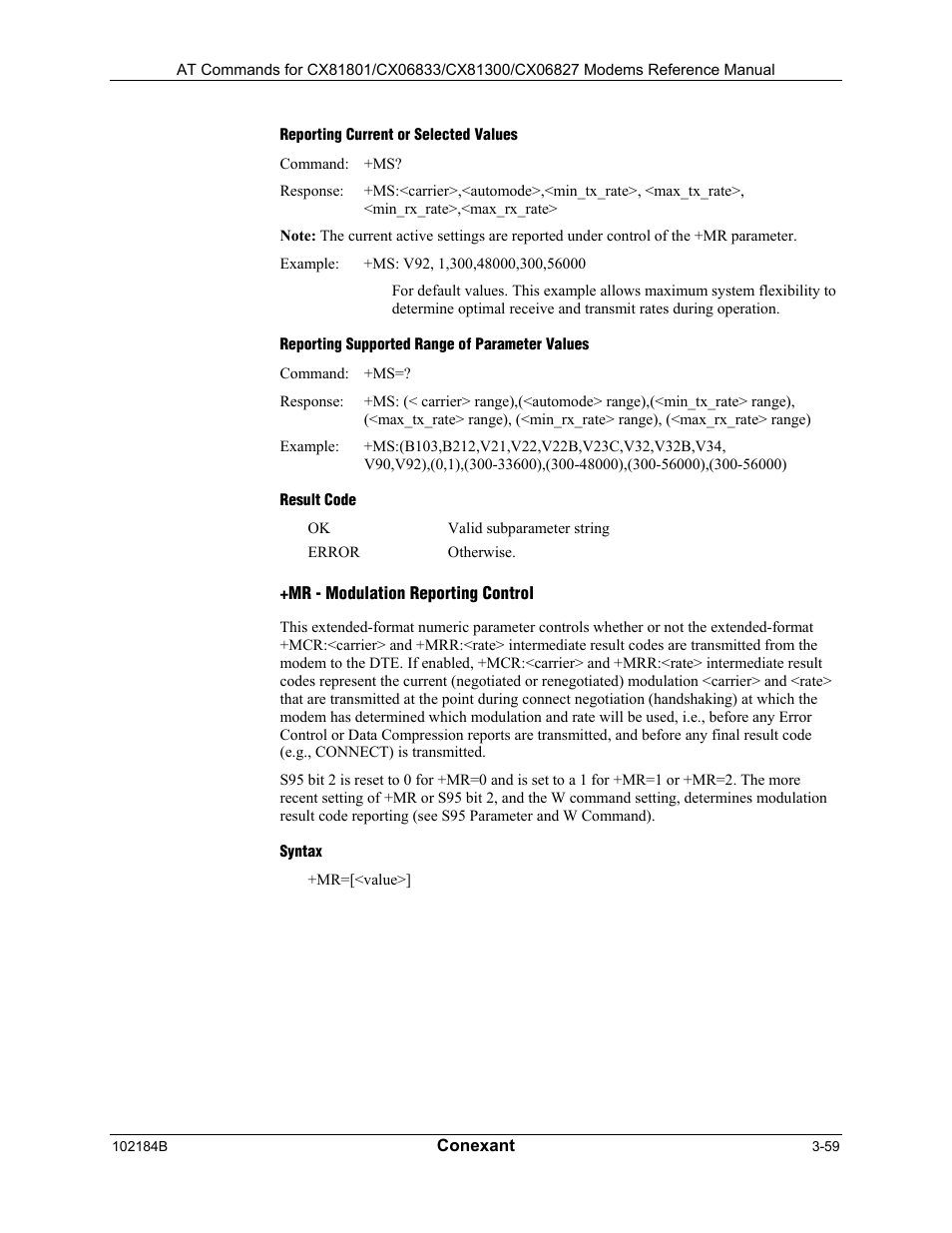 Reporting current or selected values, Reporting supported range of parameter values, Result code | Mr - modulation reporting control, Syntax | Longshine LCS-8560C1 User Manual | Page 99 / 220