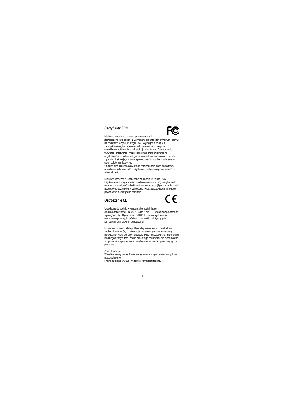 Ostrzezenie ce | Longshine LCS-FS6108-B User Manual | Page 38 / 40