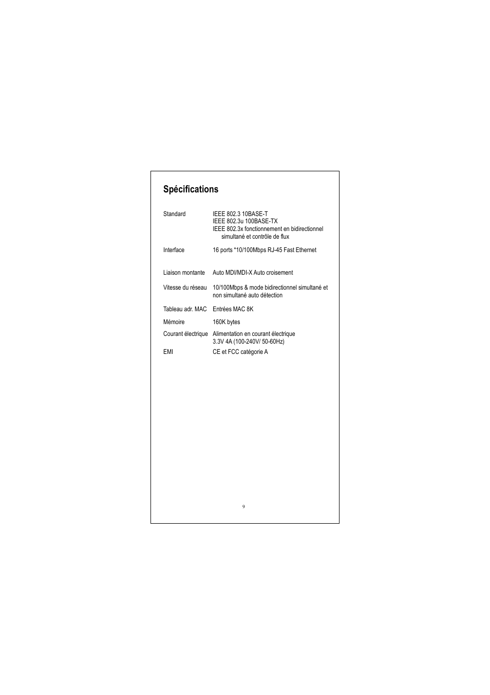 Spécifications | Longshine LCS-FS9116-B User Manual | Page 11 / 35
