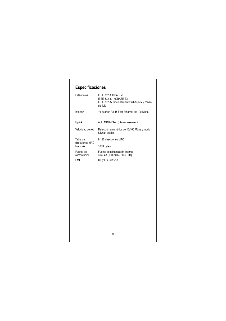 Especificaciones | Longshine LCS-FS9116-B User Manual | Page 26 / 35