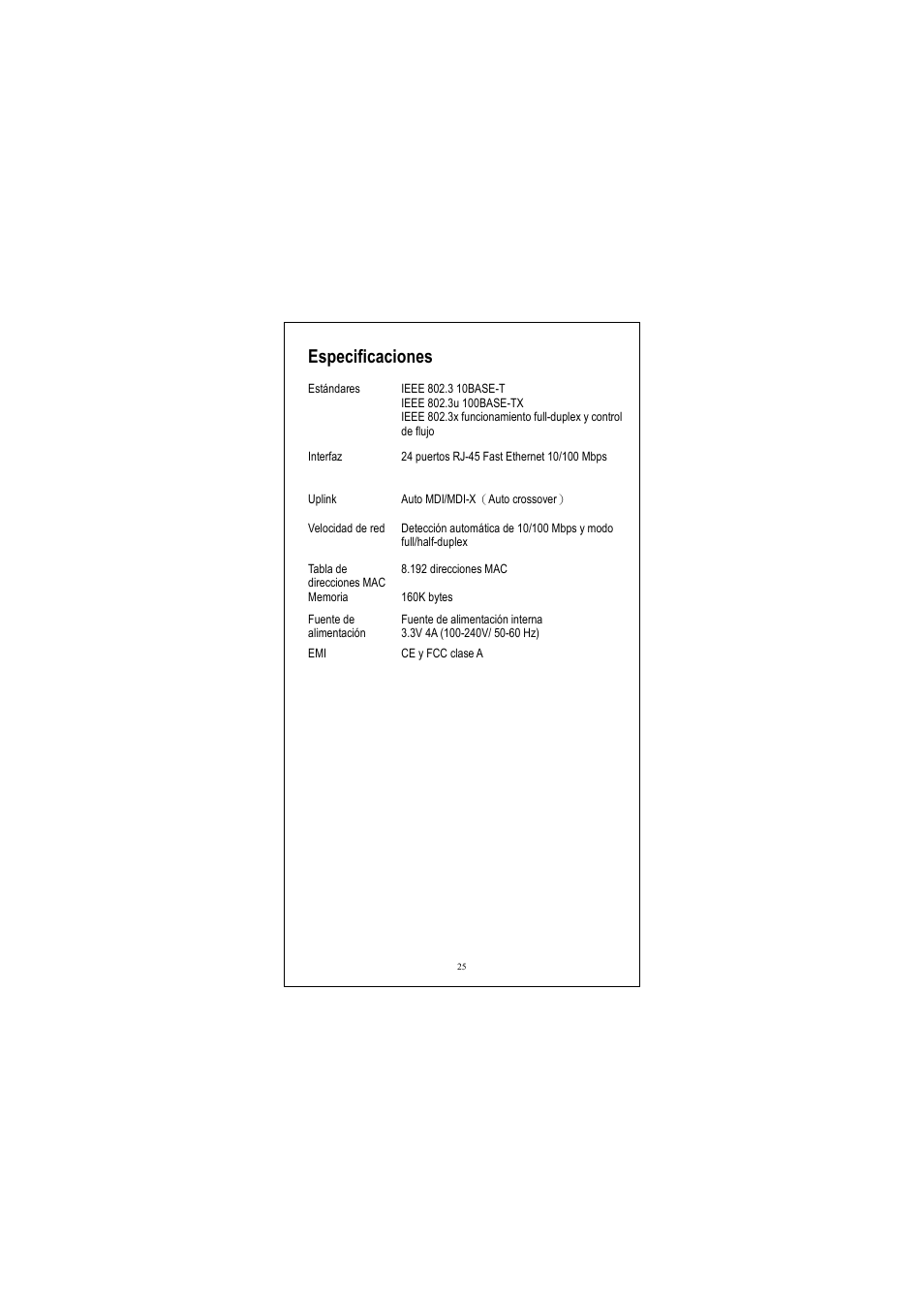Especificaciones | Longshine LCS-FS8124-B User Manual | Page 26 / 35
