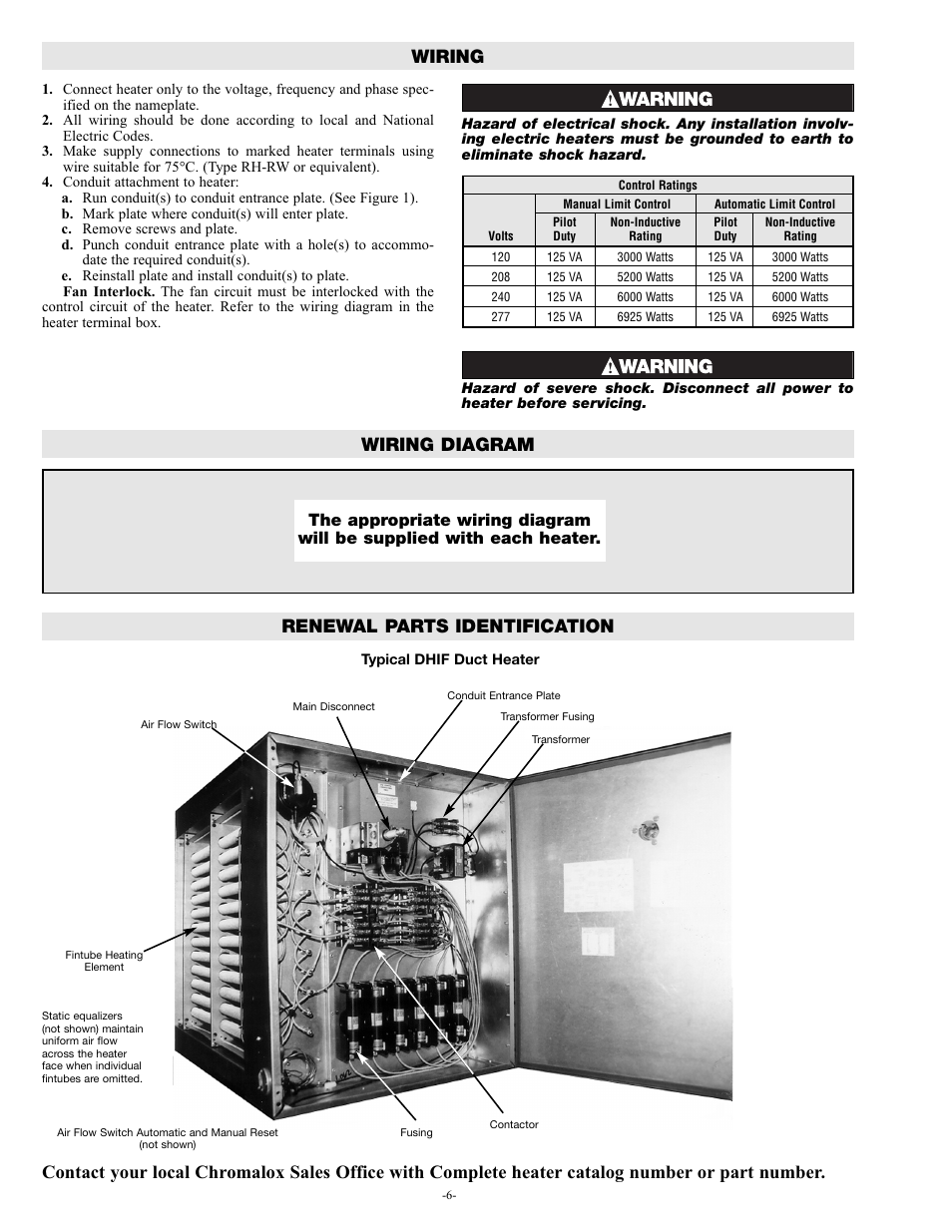 Wiring wiring diagram renewal parts identification | Chromalox PF455-3 User Manual | Page 6 / 8