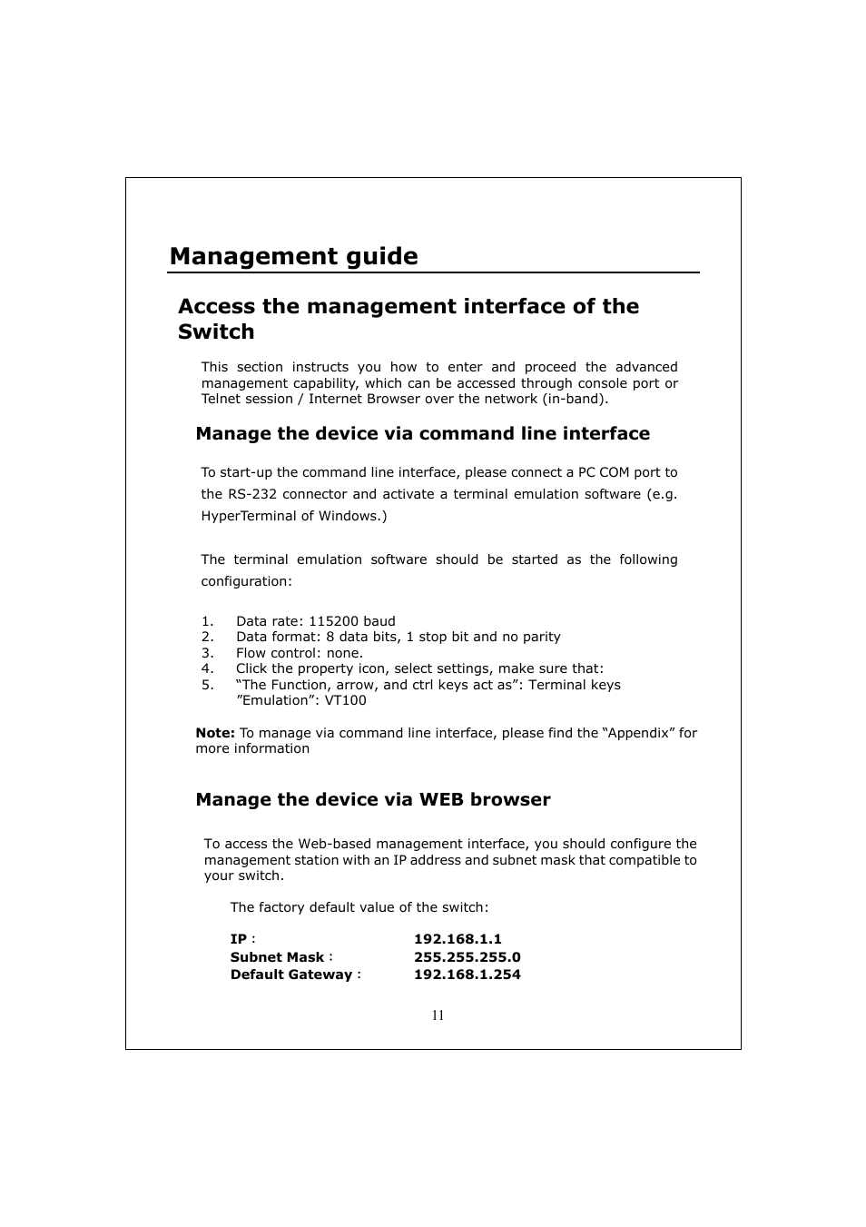 Management guide, Access the management interface of the switch, Manage the device via command line interface | Manage the device via web browser | Longshine LCS-GS9428 User Manual | Page 11 / 46