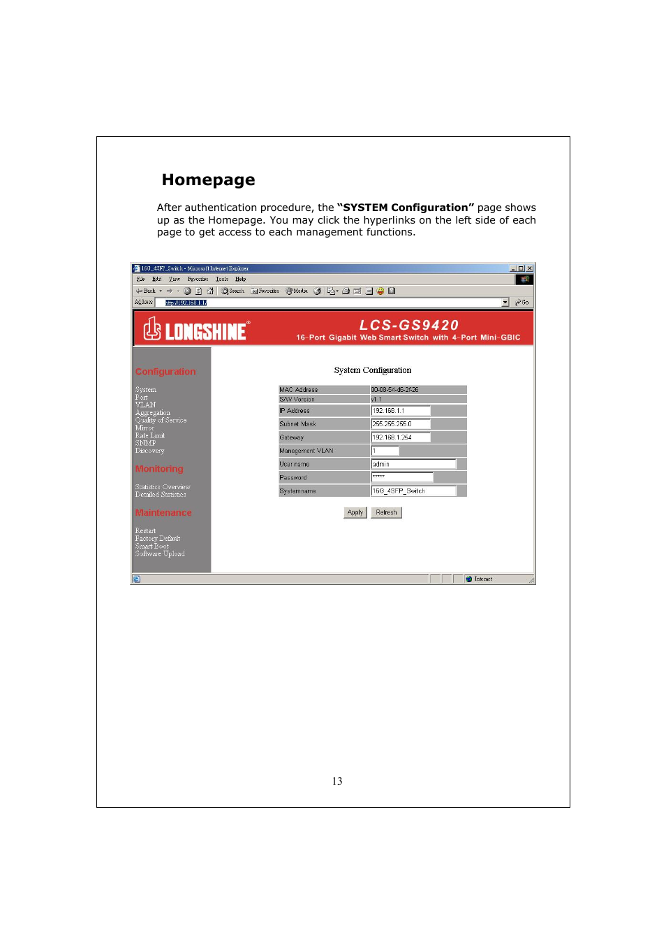 Homepage | Longshine LCS-GS9428 User Manual | Page 13 / 46