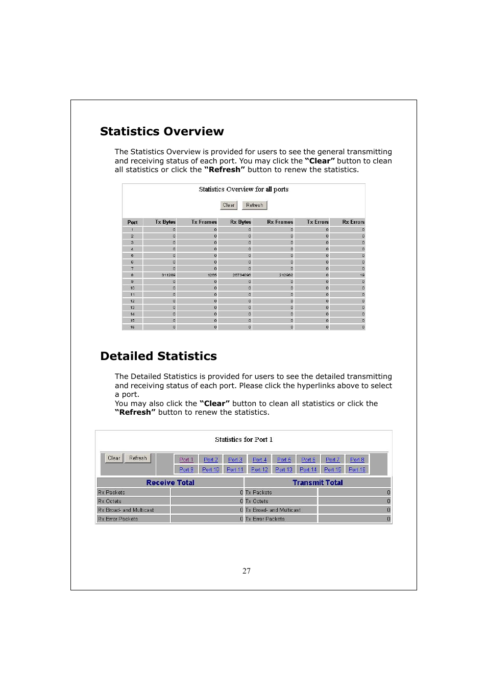 Statistics overview, Detailed statistics | Longshine LCS-GS9428 User Manual | Page 27 / 46