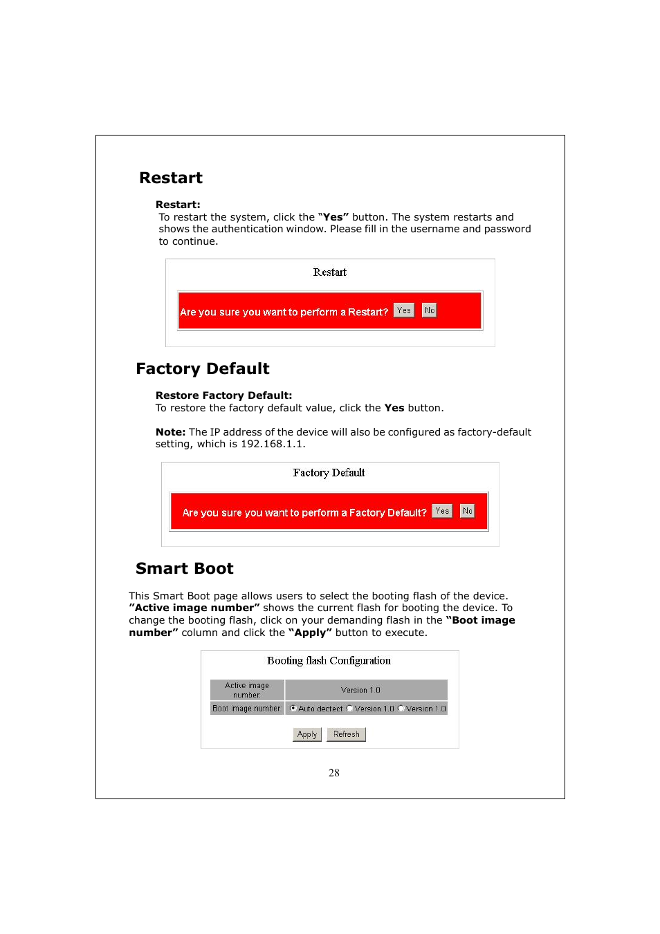 Restart, Factory default, Smart boot | Longshine LCS-GS9428 User Manual | Page 28 / 46