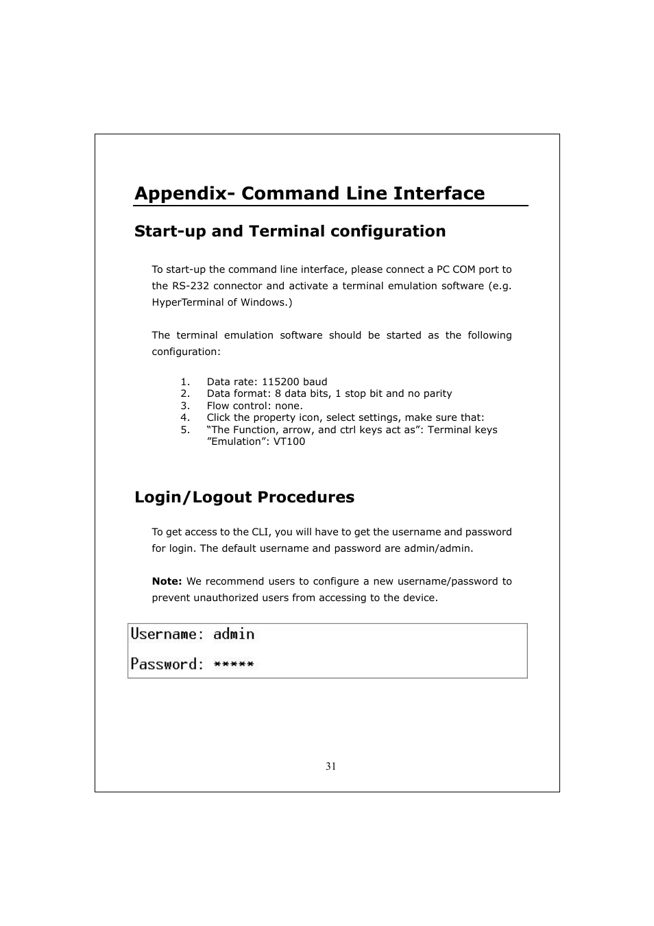 Appendix- command line interface, Start-up and terminal configuration, Login/logout procedures | Longshine LCS-GS9428 User Manual | Page 31 / 46