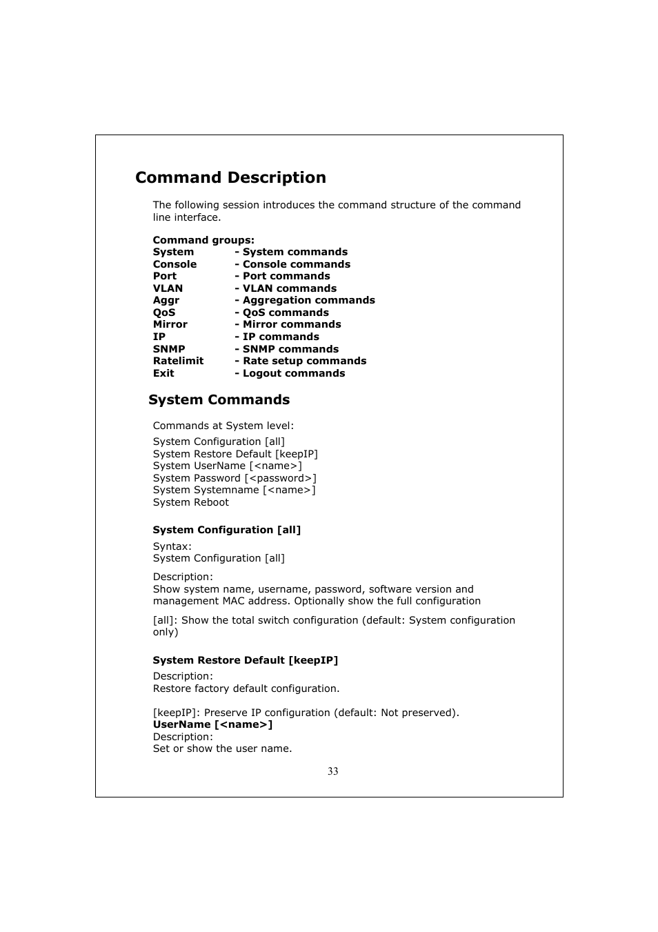 Command description, System commands | Longshine LCS-GS9428 User Manual | Page 33 / 46